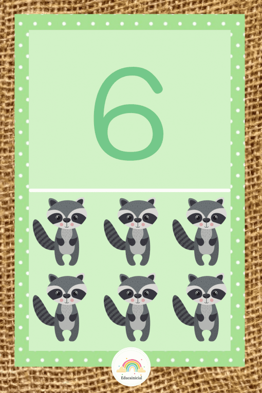Flashcard que muestra el número 6 en la parte superior con seis mapaches de dibujos animados dispuestos en dos filas sobre un fondo verde pálido, bordeados por una línea de puntos blancos sobre una textura tejida como parte de la serie "Banda numérica del al 1 al 31".