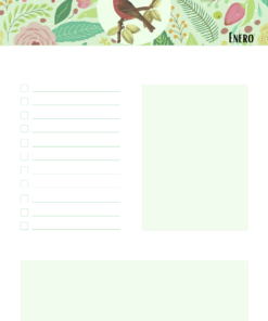 Planificador decorativo para enero, con ilustración de pájaros y motivos florales del Cuaderno del docente. Incluye líneas de lista de verificación y espacios para notas, con detalles en verde pastel y rosa.