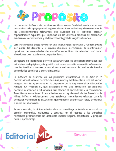 Una colorida página titulada "Propósito" explica el propósito de un registro de incidencias para los profesores, centrándose en la intervención oportuna, el apoyo y la mejora del desarrollo académico. El texto está rodeado de confeti decorativo. El logotipo de Editorial MD figura en la parte inferior.