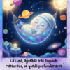 Luna, representada con rasgos humanos, durmiendo en una hamaca de nebulosa rodeada de planetas y estrellas, lo que ilustra su descanso tras esquivar meteoritos.