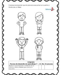 Planeación Los Títeres para Preescolar: Hoja de trabajo en blanco y negro con cuatro niños que muestran emociones: enfadado, feliz, emocionado y triste. Los niños colorean cómo se sentirían después de una historia de títeres. Incluye una tabla de planificación en la parte inferior.