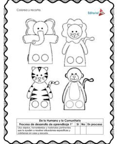 Planeación Los Títeres para Preescolar: hoja B/N con cuatro animales (elefante, león, tigre y gato) para colorear, recortar y usar como títeres. Incluye instrucciones en español y tabla de proceso de aprendizaje. Ideal para preescolar.