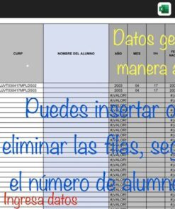 Una captura de pantalla del Generador de Apoyo Para Estadística 911 SECUNDARIA con filas de datos, algo de texto en español sobre estadística y generación automatizada de datos, y una gran flecha azul que apunta desde un cuadro de texto a la hoja de cálculo.