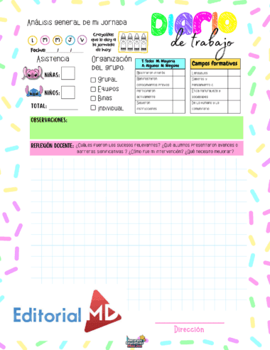 Colorida hoja de trabajo titulada "Diario de trabajo" con secciones para la asistencia, la organización del grupo, las observaciones y la reflexión del profesor, decorada con animales de dibujos animados y chispitas, y espacios para notas y firmas.
