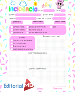 Colorido formulario de informe de incidentes escolares con fuentes y decoraciones divertidas. Incluye campos para información del alumno, detalles del incidente, tipos de incidentes, medidas adoptadas, personas implicadas, descripción, acuerdos y logotipos en la parte inferior.