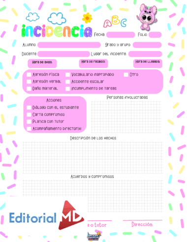 Colorido formulario de informe de incidentes escolares con fuentes y decoraciones divertidas. Incluye campos para información del alumno, detalles del incidente, tipos de incidentes, medidas adoptadas, personas implicadas, descripción, acuerdos y logotipos en la parte inferior.