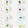 Cuadernillo de Actividades para 1er Grado – Lectoescritura y Matemáticas 13 Hoja de ejercicios en español con imágenes de frutas y verduras. Los alumnos deben identificar la grafía correcta, con imágenes de piña, sandía, pimiento, tomate, cebolla, coco, lechuga y limón, además de recuadros para las respuestas.