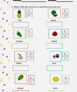 Hoja de ejercicios en español con imágenes de frutas y verduras. Los alumnos deben identificar la grafía correcta, con imágenes de piña, sandía, pimiento, tomate, cebolla, coco, lechuga y limón, además de recuadros para las respuestas.