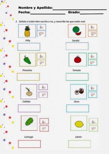 Hoja de ejercicios en español con imágenes de frutas y verduras. Los alumnos deben identificar la grafía correcta, con imágenes de piña, sandía, pimiento, tomate, cebolla, coco, lechuga y limón, además de recuadros para las respuestas.