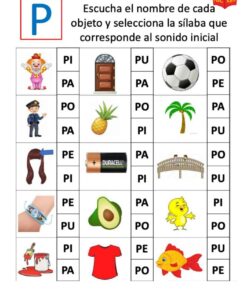 Hoja de ejercicios con imágenes en filas (payaso, puerta, balón de fútbol, piña, palmera, peine, pila, puente, pulsera, aguacate, pollito, casa, camisa, pez), cada fila con sílabas 
