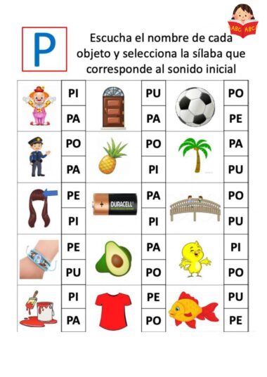 Hoja de ejercicios con imágenes en filas (payaso, puerta, balón de fútbol, piña, palmera, peine, pila, puente, pulsera, aguacate, pollito, casa, camisa, pez), cada fila con sílabas "P" para elegir. Texto en español.
