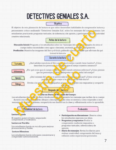 Una página de planificación de la lección de lectura en español titulada "Detectives Geniales S.A." incluye secciones para los objetivos, antes, durante y después de la lectura, con preguntas relacionadas y sugerencias de actividades para los alumnos.