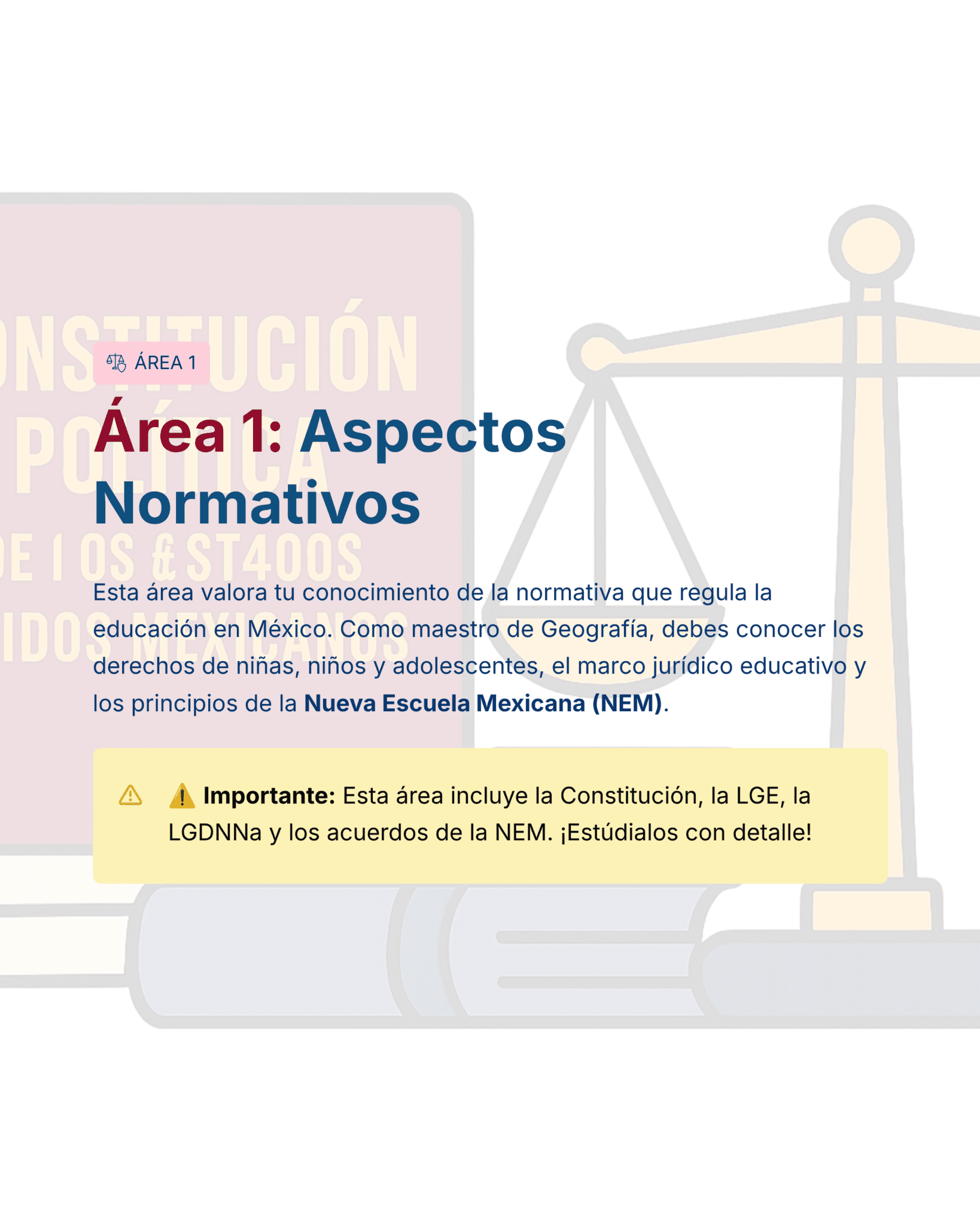 Guía de Estudio Admisión GEOGRAFÍA Educación Secundaria- USICAMM 2026 - 2027 + (Simulador 90 Reactivos) 7 Una diapositiva educativa digital titulada "Área 1: Aspectos Normativos" destaca la importancia del conocimiento jurídico en la educación mexicana, con una advertencia que señala la inclusión de la Constitución, la LGE, la LGDNNA y los acuerdos NEM.