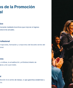 Guía de Estudio PROMOCIÓN HORIZONTAL SUPERVISIÓN – USICAMM 2026 – 2027 + (Simulador 90 Reactivos) 23 Una mujer en traje de negocios sonríe de pie en el escenario, aplaudida por personas sentadas. A la izquierda, un texto destaca los beneficios de la promoción horizontal, como el crecimiento económico, profesional y laboral, y la estabilidad en el empleo.