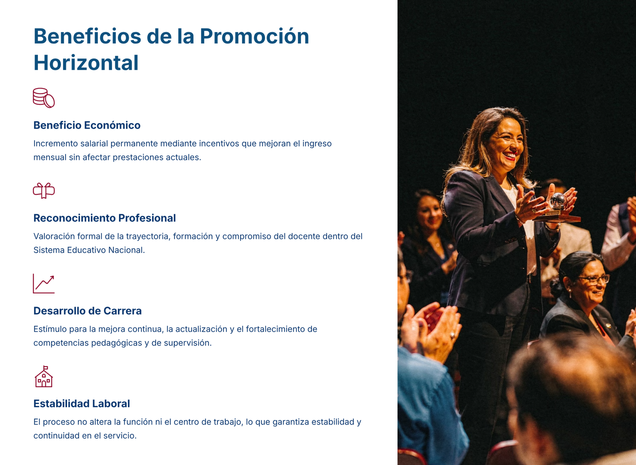 Guía de Estudio PROMOCIÓN HORIZONTAL SUPERVISIÓN – USICAMM 2026 – 2027 + (Simulador 90 Reactivos) 3 Una mujer en traje de negocios sonríe de pie en el escenario, aplaudida por personas sentadas. A la izquierda, un texto destaca los beneficios de la promoción horizontal, como el crecimiento económico, profesional y laboral, y la estabilidad en el empleo.