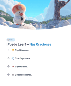 Un polluelo esponjoso está sobre una roca cerca de la orilla de un río, mientras un koala duerme en el tronco de un árbol. Debajo hay un texto en español con frases sobre animales, que incluye un pollito comiendo y un koala descansando.