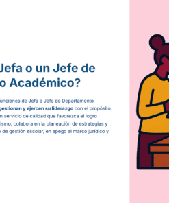 Ilustración de una mujer y un hombre de pie y sentados en un escritorio revisando documentos, junto a texto en español que explica las funciones de una Jefa o Jefe de Departamento Académico.