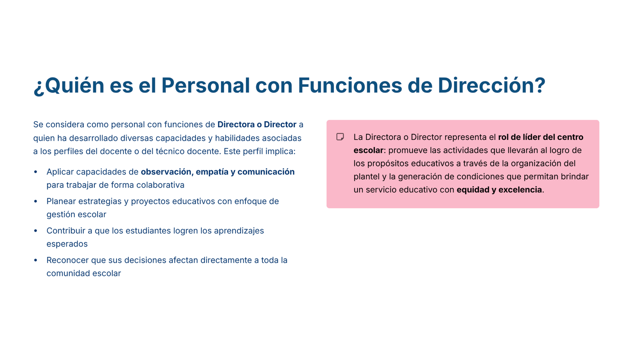 Paquete Promoción a DIRECTOR ESCOLAR – Educación Media Superior (Carta de Exposición de Motivos + Plan de Mejora Continua + Guía EMS) EMS BACHILLERATO 2026–2027 2 Diapositiva que explica el papel del "Personal con Funciones de Dirección" en las escuelas, enumerando sus competencias y responsabilidades. Un recuadro rosa destaca que el director es el líder de la escuela y promueve los logros educativos con equidad y excelencia.