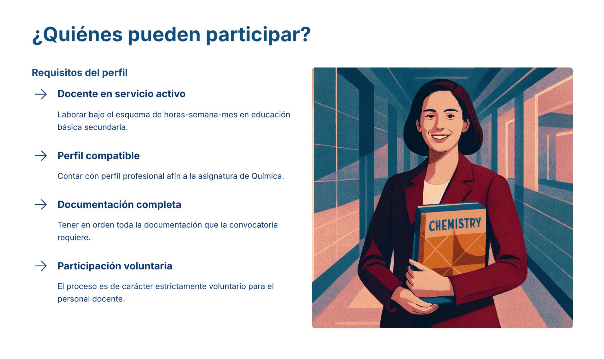 Guía de Estudio HORAS ADICIONALES CIENCIAS QUÍMICA Educación Secundaria- USICAMM 2026 – 2027 + (Simulador 90 Reactivos) 8 Ilustración de una mujer con americana roja que sostiene un libro de "Química", de pie en un pasillo. El texto a su lado enumera los requisitos para participar en un programa para profesores de química de secundaria en activo.