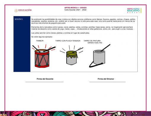Aparece en pantalla un plan de lección titulado "Planeaciones Música 1°, 2° y 3° Grado Ciclo Completo / Secundaria", que analiza la creación de música con objetos cotidianos. Se muestran tres instrumentos ilustrados: un tambor, una pandereta y una lata de pintura con cucharas. Los espacios para las firmas de un docente y director se encuentran en la parte inferior.