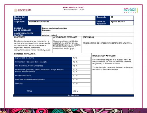 Un documento educativo titulado “Planeaciones Música 1°, 2° y 3° Grado Ciclo Completo / Secundaria” para un currículo de clases de música de primer grado para el ciclo escolar 2021-2022 en México. Incluye objetivos, resultados de aprendizaje esperados, criterios de evaluación y actividades, con secciones designadas para la estrategia de enseñanza y las habilidades de los estudiantes.