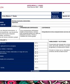 Un documento educativo titulado “Planeaciones Música 1°, 2° y 3° Grado Ciclo Completo / Secundaria” para un currículo de clases de música de primer grado para el ciclo escolar 2021-2022 en México. Incluye objetivos, resultados de aprendizaje esperados, criterios de evaluación y actividades, con secciones designadas para la estrategia de enseñanza y las habilidades de los estudiantes.