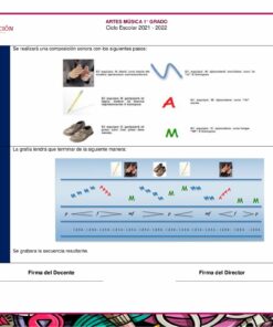 Un plan de lección en español para una clase de música de primer grado, con dos gráficos, es parte de Planeaciones Música 1°, 2° y 3° Grado Ciclo Completo / Secundaria. La primera imagen muestra los pasos para componer sonidos con ayudas visuales, mientras que la segunda muestra un ejercicio de notación que involucra patrones de palmadas y golpecitos. Las líneas de firma del maestro y el director se encuentran en la parte inferior.