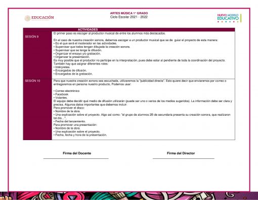 Imagen de un documento titulado "Planeaciones Música 1°, 2° y 3° Grado Ciclo Completo / Secundaria". Contiene dos planes de actividades para las sesiones 9 y 10, que detallan los pasos para crear material audiovisual y organizar su presentación. La sección inferior tiene áreas designadas para las firmas del maestro y del director. El pie de página incluye gráficos coloridos y estilizados adecuados para Secundaria.