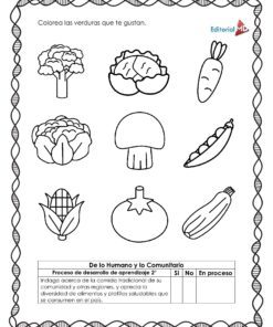 Planeación Preparamos un Platillo para Preescolar: hoja en blanco y negro con dibujos de verduras, instrucciones en español y tabla de progreso, ideal para actividades preescolares o diseñar un platillo educativo.
