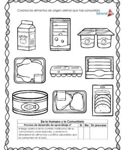 El Cuadernillo de Trabajo Preparamos un Platillo para Preescolar ofrece una hoja de trabajo en blanco y negro con imágenes esbozadas de alimentos de origen animal, además de instrucciones y una tabla para que los niños anoten los ingredientes mientras preparan un plato juntos.