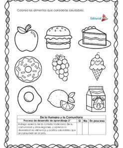 El Cuadernillo de Trabajo Preparamos un Platillo para Preescolar presenta una hoja de trabajo en blanco y negro con alimentos para que los alumnos coloreen, opciones de platillo y casillas de evaluación, que ayudan a los niños a identificar alimentos saludables.