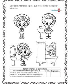 Planeación Preparamos un Platillo para Preescolar: Hoja para colorear en blanco y negro con niños practicando la higiene: lavarse las manos, cepillarse los dientes, bañarse. Incluye un texto en español sobre hábitos de higiene y una lista de control.