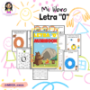 Un colorido collage educativo para niños que presenta un minilibro titulado "Cuadernillo Letra O". La imagen central muestra un oso y un búho junto a una tienda de campaña. Las páginas circundantes incluyen actividades como trazar la letra 'O', colorear y ejercicios de combinación. El texto lee "Mi libro Letra 'O'" de la serie sobre vocales.