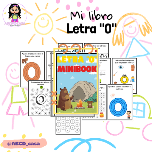 Un colorido collage educativo para niños que presenta un minilibro titulado "Cuadernillo Letra O". La imagen central muestra un oso y un búho junto a una tienda de campaña. Las páginas circundantes incluyen actividades como trazar la letra 'O', colorear y ejercicios de combinación. El texto lee "Mi libro Letra 'O'" de la serie sobre vocales.