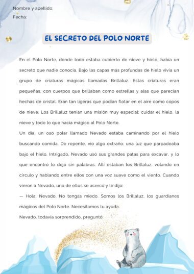 Una página de un cuento infantil titulado "El secreto del Polo Norte", con la ilustración de un oso polar y un borde helado en la parte inferior. El texto cuenta una historia mágica sobre criaturas brillantes en el Polo Norte.