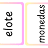 Dos tarjetas con esquinas redondeadas, cada una con bordes en rosa y amarillo. La primera tarjeta muestra la palabra 