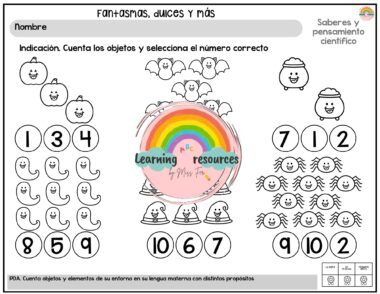 Hoja de ejercicios en blanco y negro con imágenes de temática de Halloween (calabazas, caramelos, fantasmas y caramelos con caras) para contar y seleccionar el número correcto entre varias opciones. Las instrucciones y las etiquetas están en español.
