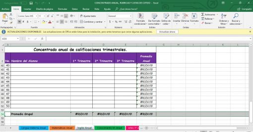 Captura de pantalla de una hoja de cálculo de Excel titulada "concentrado anual de calificaciones trimestrales", que muestra columnas para el número de estudiantes, nombres y calificaciones trimestrales; muchas celdas muestran mensajes de error como "#div/0!.