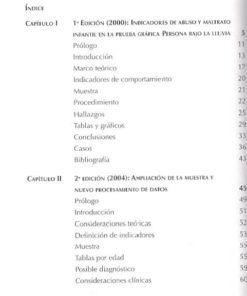 Página de índice que enumera los capítulos de un libro. El capítulo I cubre la 1ª edición (2000) sobre **Indicadores de abuso y maltrato infantil en la prueba gráfica 