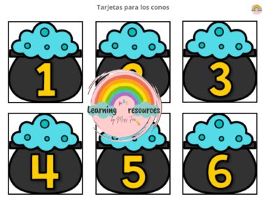 Seis calderos de dibujos animados con burbujas azules, cada uno etiquetado con un número amarillo del 1 al 6. Encima pone "Tarjetas para los conos" y en el centro un logotipo arco iris con "Learning resources by Miss Favi".