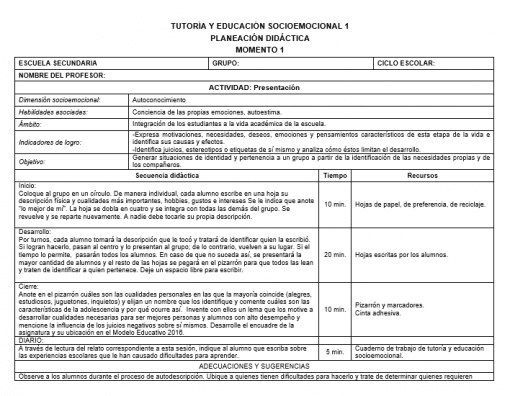 Planeaciones Tutoria Socioemocional 1 Secundaria Anual 3 Momentos (PLAN ...