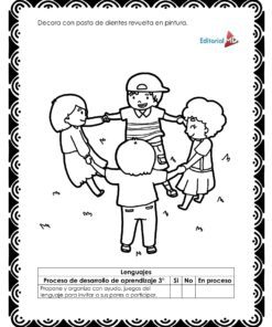 Cuatro niños cogidos de la mano en círculo, jugando a las rondas. Esta imagen para colorear en blanco y negro con bordes decorativos e instrucciones en español es ideal para las actividades de Cuadernillo de Trabajo Las Rondas para Preescolar.