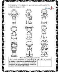 El Cuadernillo de Trabajo Las Rondas para Preescolar presenta una hoja de trabajo en blanco y negro con nueve niños de dibujos animados en una cuadrícula, cada uno con peinados y atuendos únicos, además de una sección para marcar el nivel de logro.