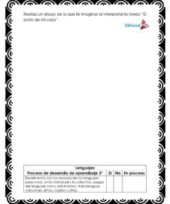 El Cuadernillo de Trabajo Las Rondas para Preescolar incluye una hoja de trabajo con borde negro, espacio para dibujar y pistas en español sobre 