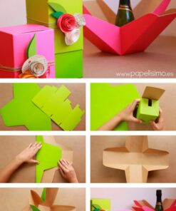 Una guía visual paso a paso que muestra el proceso de creación de una caja de regalo decorativa. Comienza con piezas planas de cartón y termina con una caja terminada en rosa y verde adornada con adornos florales, que ilustra perfectamente uno de los 65 Moldes para cajitas y manualidades escolares.
