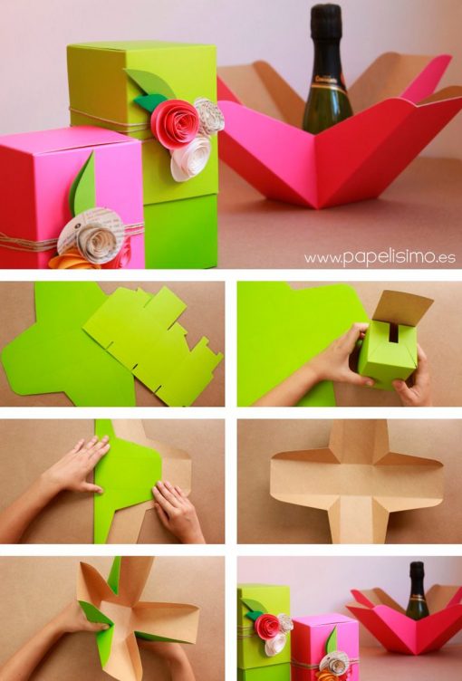 Una guía visual paso a paso que muestra el proceso de creación de una caja de regalo decorativa. Comienza con piezas planas de cartón y termina con una caja terminada en rosa y verde adornada con adornos florales, que ilustra perfectamente uno de los 65 Moldes para cajitas y manualidades escolares.
