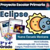 Anuncio del Proyecto Escolar Eclipses “El Día que amaneció dos veces” (3° y 4° Grado Primaria) titulado "Día que amaneció dos veces", parte del plan de estudios de la Nueva Escuela Mexicana para 3° y 4° Grado Primaria. Los materiales incluyen documentos de Word editables, actividades, juegos y una presentación de PowerPoint. Ilustrado con un gráfico de sol y luna.