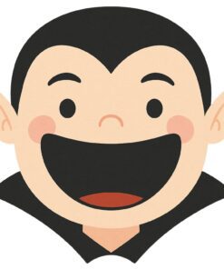 Cara de vampiro de dibujos animados con orejas puntiagudas, colmillos, boca muy abierta y cuello negro. En la esquina superior izquierda aparece el número 2 y en la derecha, un pequeño logotipo en forma de arco iris.