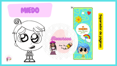 Una imagen educativa que muestra un niño de dibujos animados con ojos grandes, con la etiqueta "Miércoles". A la derecha hay un colorido marcapáginas con un personaje de dibujos animados y el texto "Sonríe, cosas buenas pasan". El lado derecho tiene el texto "Separador de Páginas" sobre fondo amarillo.