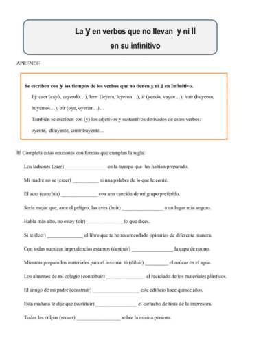 Hoja de ejercicios de lengua española sobre el uso de la "y" y la "ll" en los infinitivos verbales. Incluye reglas, ejemplos y frases para rellenar con la forma verbal correcta.